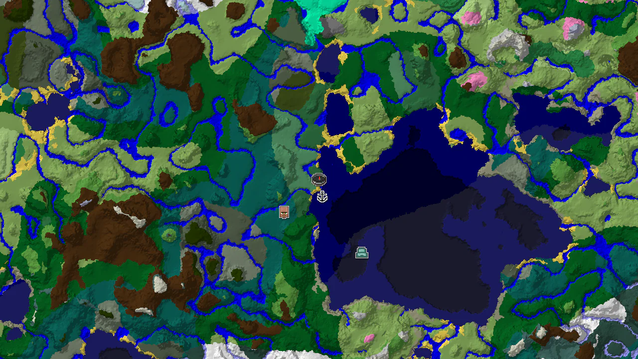 A top-down 2D biome map centered on spawn, showing a shipwreck to the east and an ocean monument to the southeast.