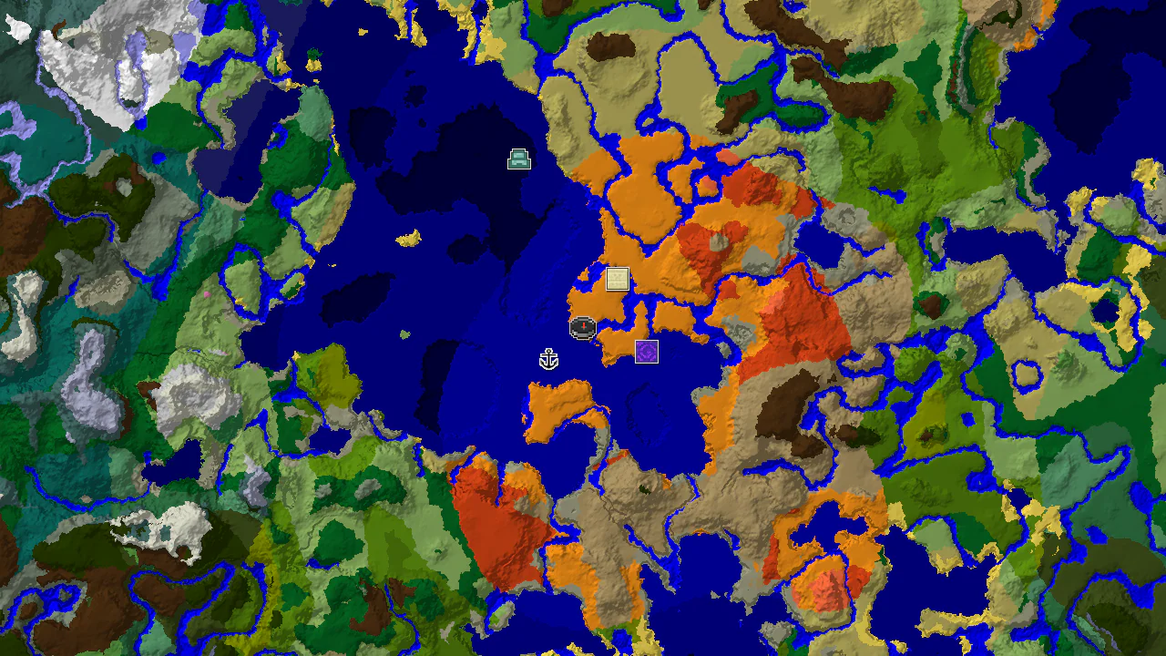 A 2D top-down biome map centered on spawn, showing a large desert area, a warm ocean, and markers for a shipwreck and desert pyramid.