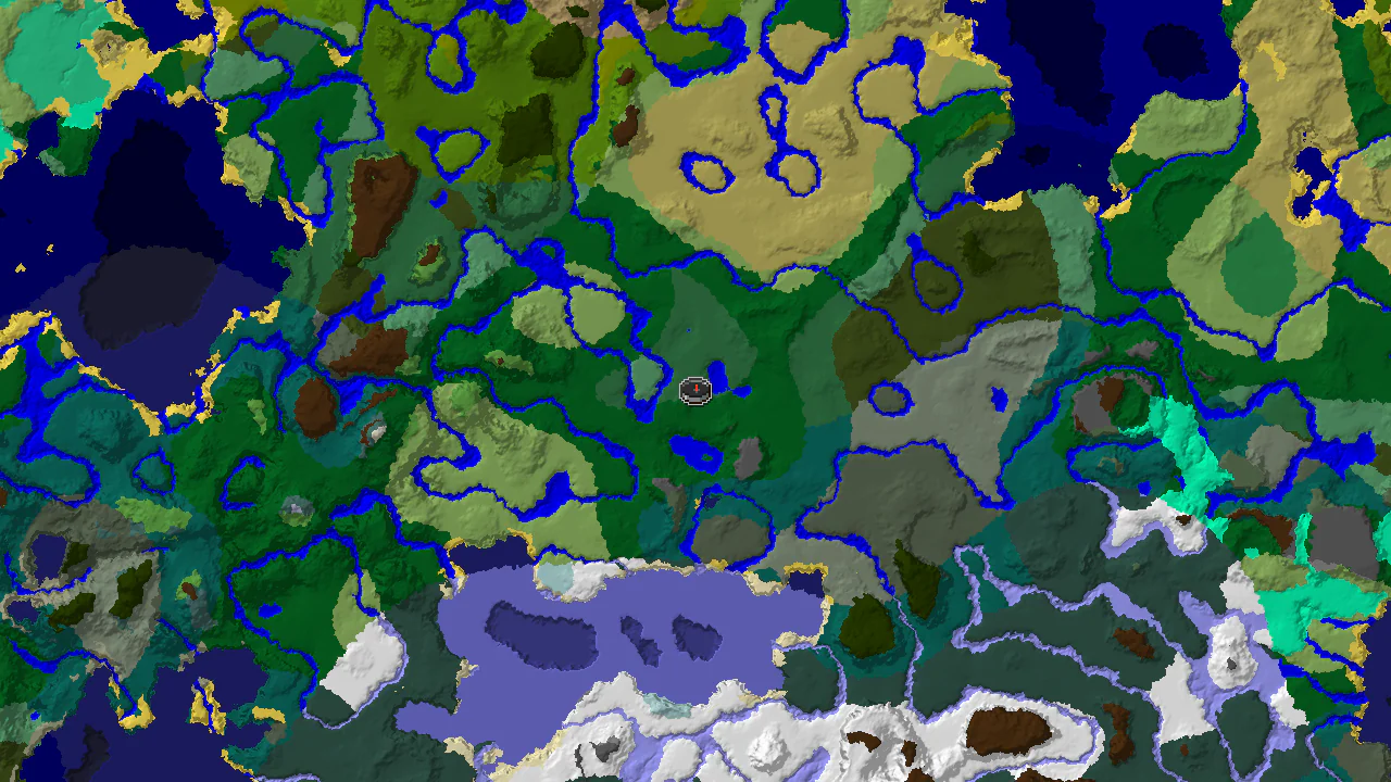 A top-down 2D biome map centered on the spawn point, with a marker for spawn and surrounding biomes.