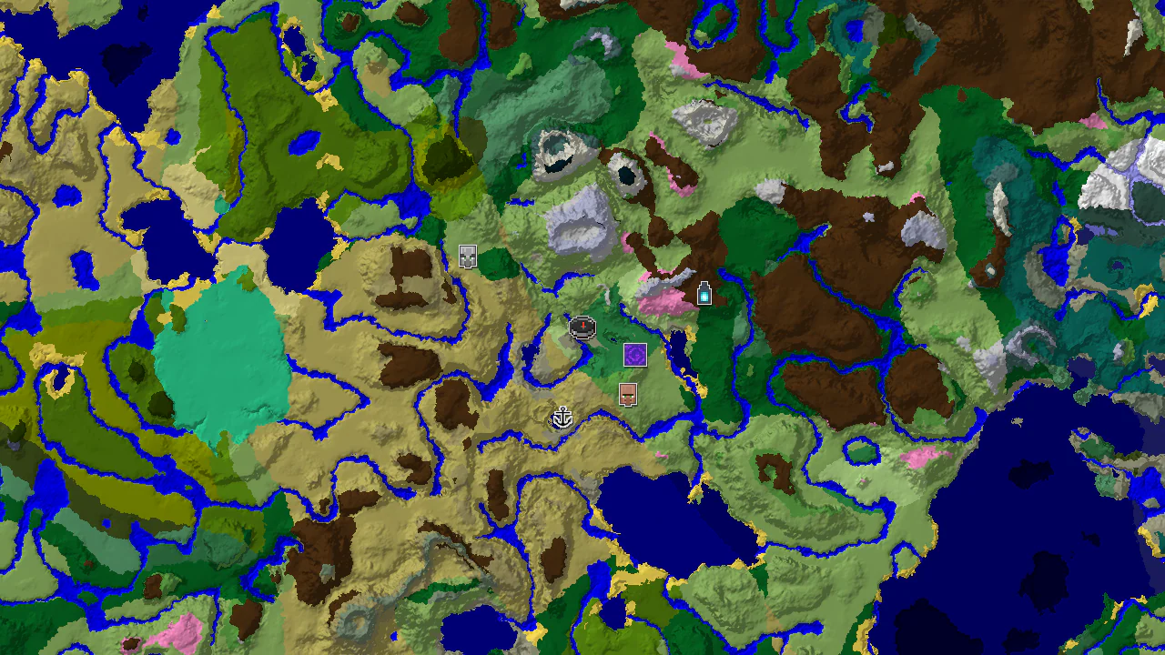 A 2D biome map centered on the Flower Forest spawn, showing nearby Plains, River, and Savanna biomes, along with markers for a Ruined Portal and Village.