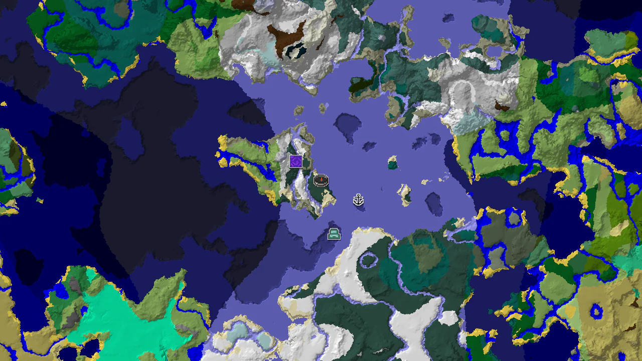 A top-down biome map centered on the spawn point, showing markers for the Ruined Portal, Shipwreck, and Ocean Monument.