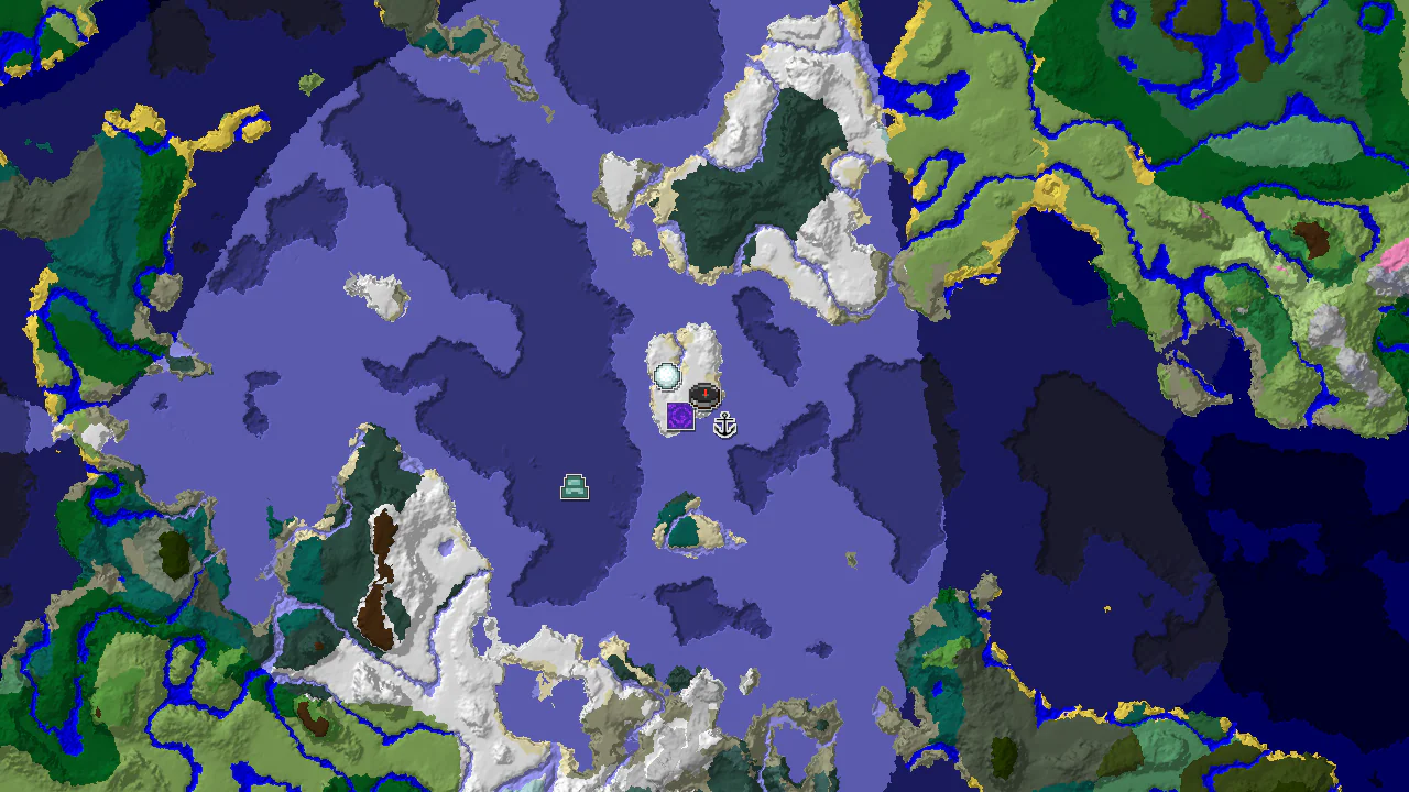 A 2D map centered on spawn shows snowy biomes and markers for a Ruined Portal, Shipwreck, and Igloo.