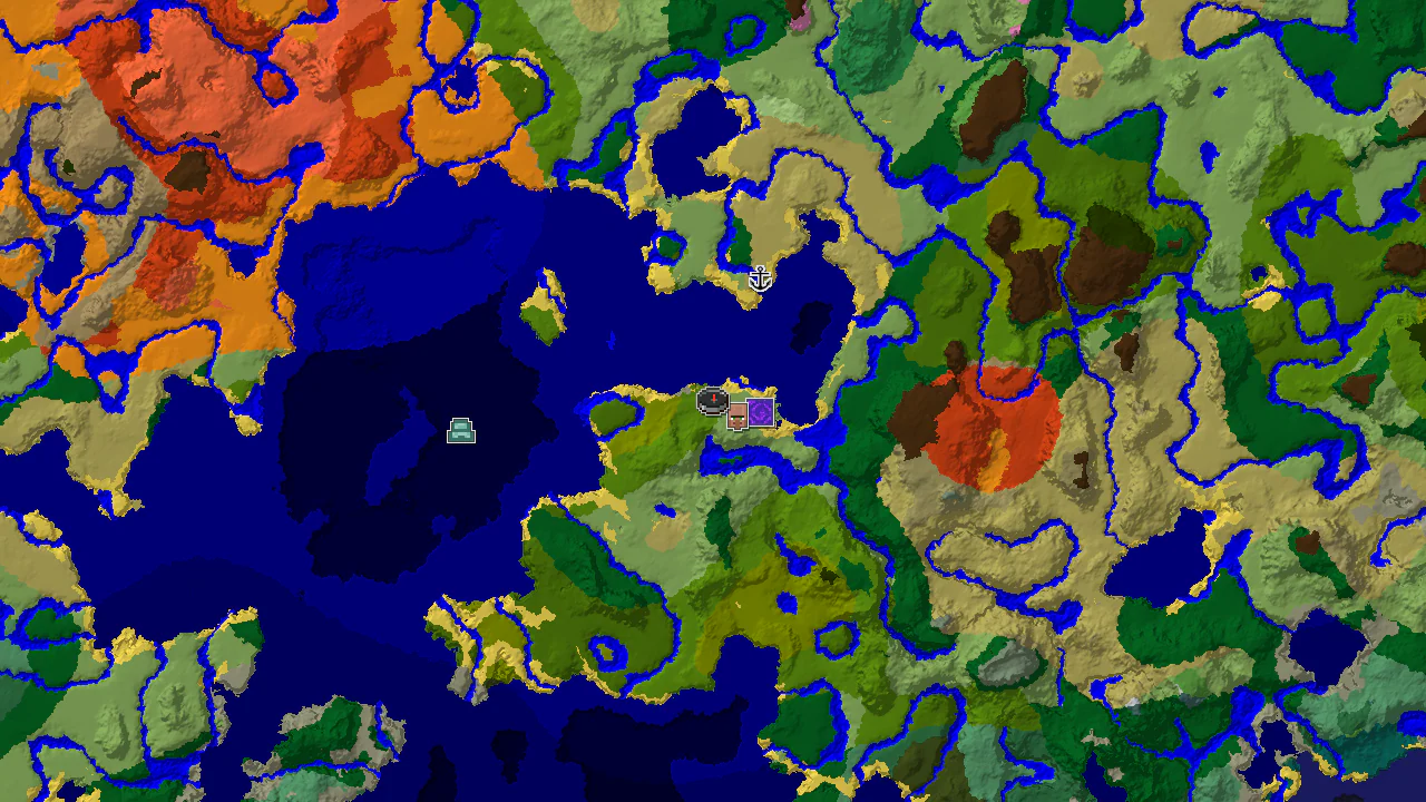 A top-down 2D biome map centered on spawn, showing Sparse Jungle, Plains, and Lukewarm Ocean, with markers for a village and a ruined portal.