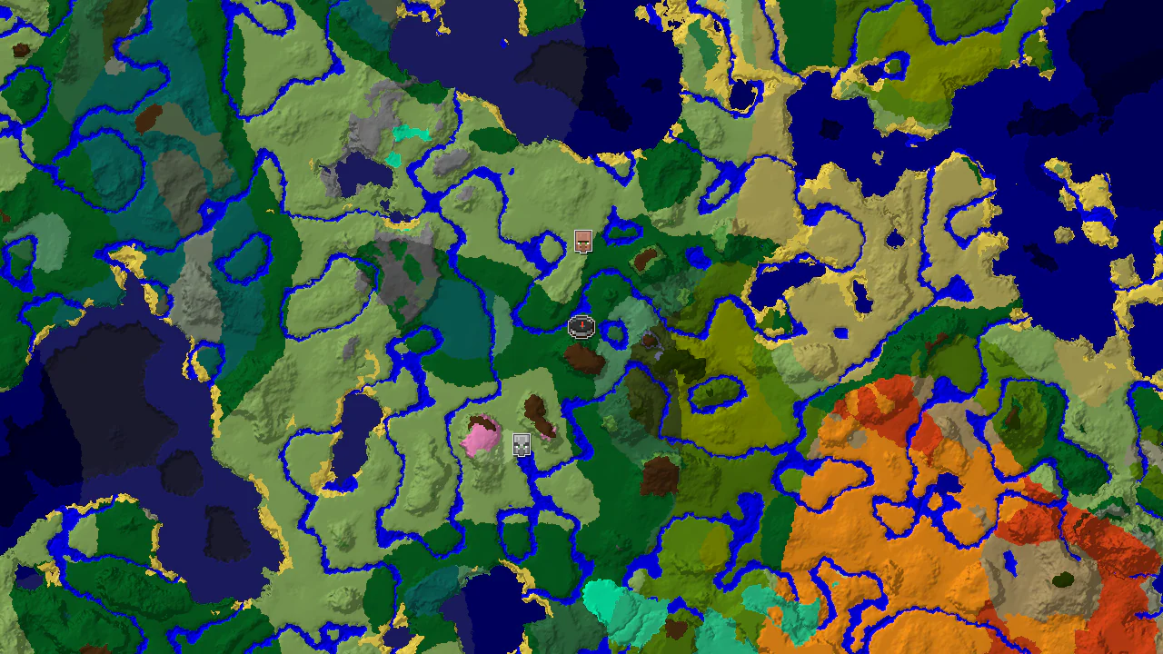 A 2D biome map centered on spawn, showing forest, plains, and river biomes, with markers for a village and pillager outpost.