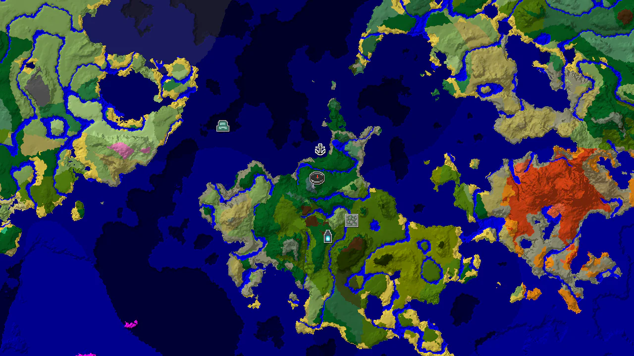 A top-down 2D biome map centered on spawn, showing forest, ocean, and jungle biomes, with markers for a shipwreck, jungle temple, and ancient city.