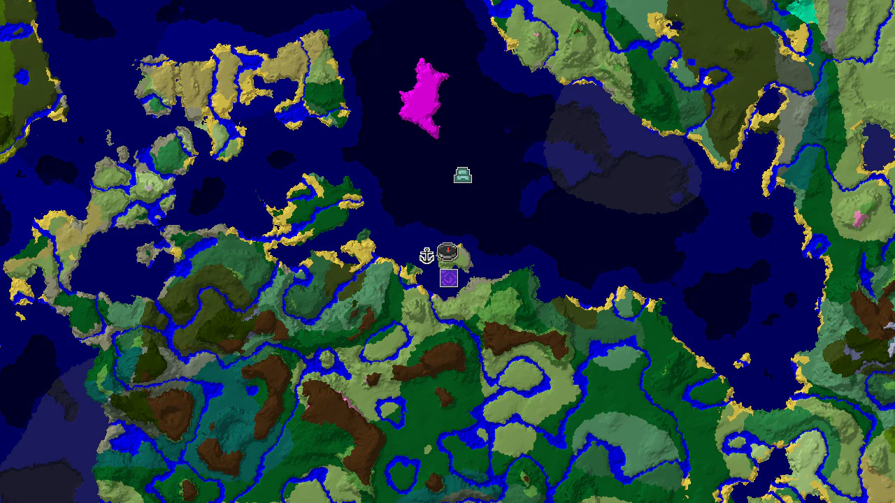 A 2D biome map centered on the spawn point, showing nearby oceans, plains, and structure markers.