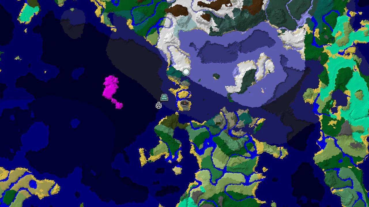 A top-down 2D biome map centered on spawn, showing Beach, Cold Ocean, and Frozen Ocean biomes with markers for an Ocean Monument and an Igloo.