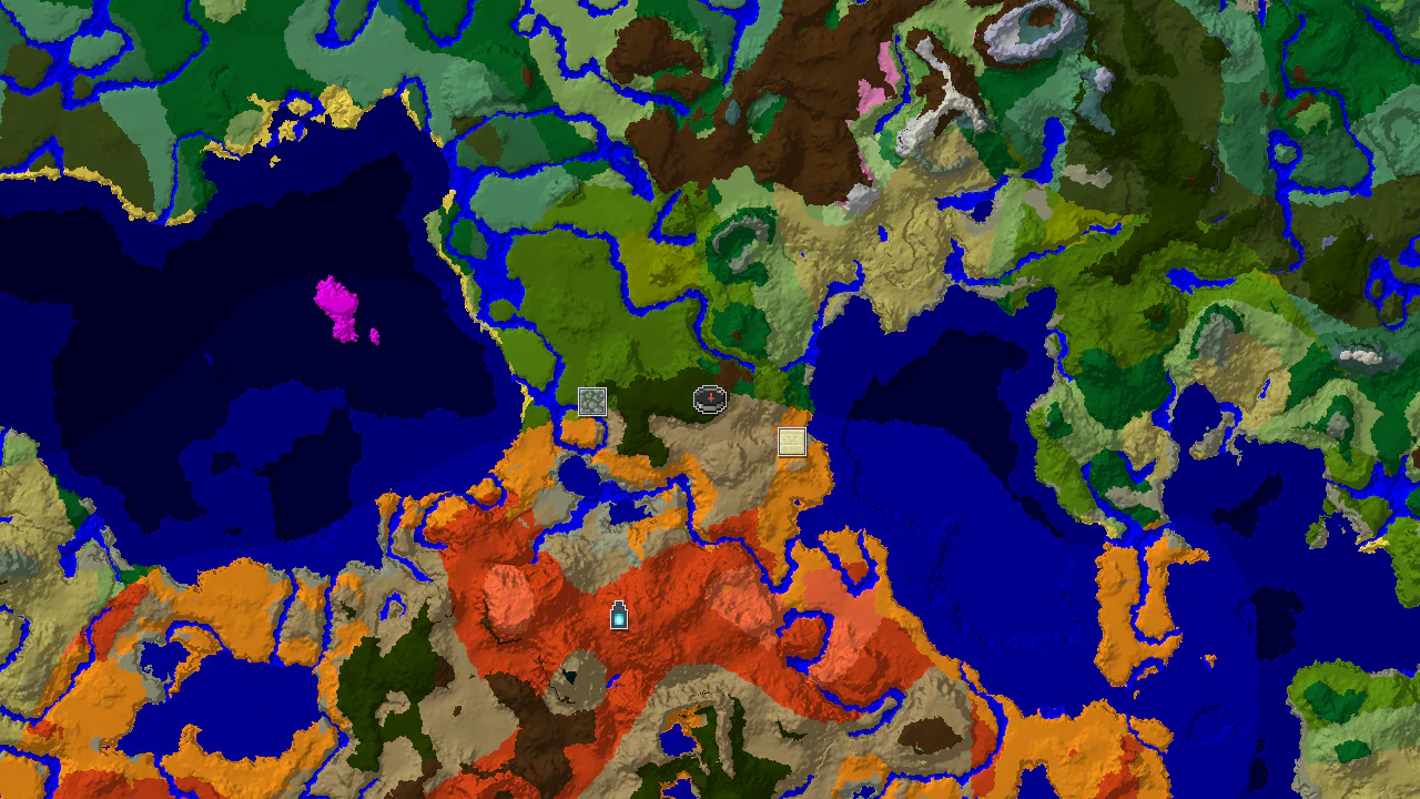 A top-down 2D biome map centered on spawn, showing Wooded Badlands, Jungles, and Deserts, with markers for a Desert Pyramid, Jungle Temple, and Ancient City.