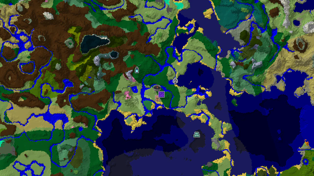 A 2D top-down biome map centered on spawn, showing forest, plains, and river biomes, with markers for a village, ruined portal, and ancient city.