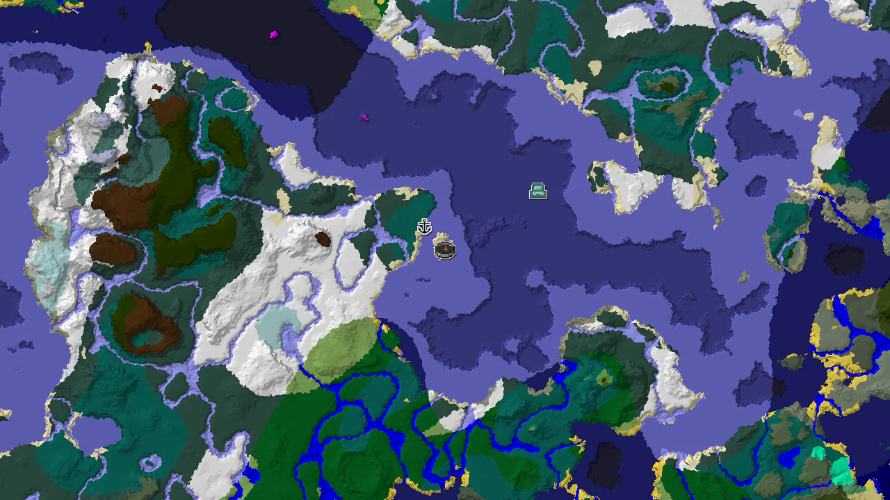 A top-down 2D biome map centered on spawn, showing a Taiga spawn point, a shipwreck to the southwest, and an ocean monument to the southeast.
