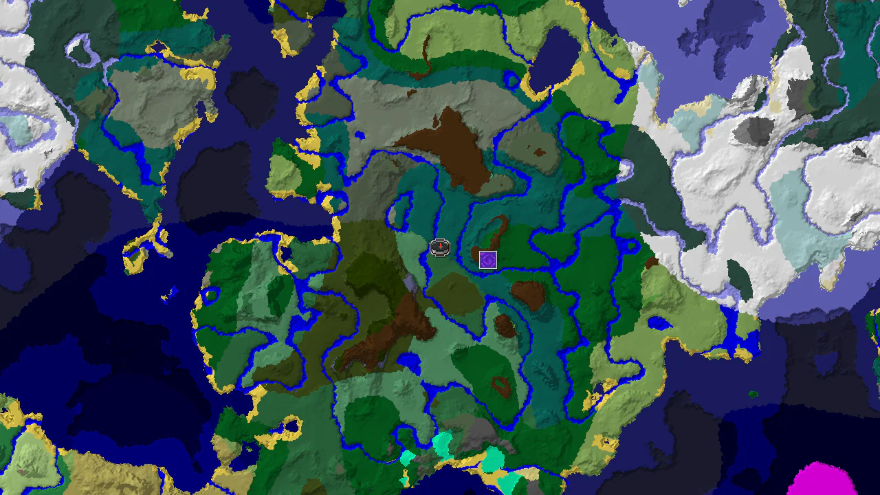A top-down 2D biome map centered on spawn, showing a large Taiga area, nearby River and Birch Forest biomes, and a marker for a Ruined Portal.