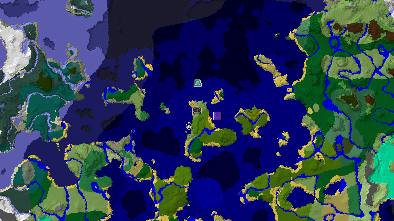 A top-down 2D biome map centered on spawn, showing plains, ocean, and jungle biomes with markers for a shipwreck and ruined portal.