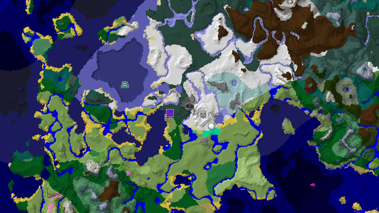 A top-down 2D biome map centered on spawn, showing snowy biomes, a Pillager Outpost to the east, and a Ruined Portal to the west.