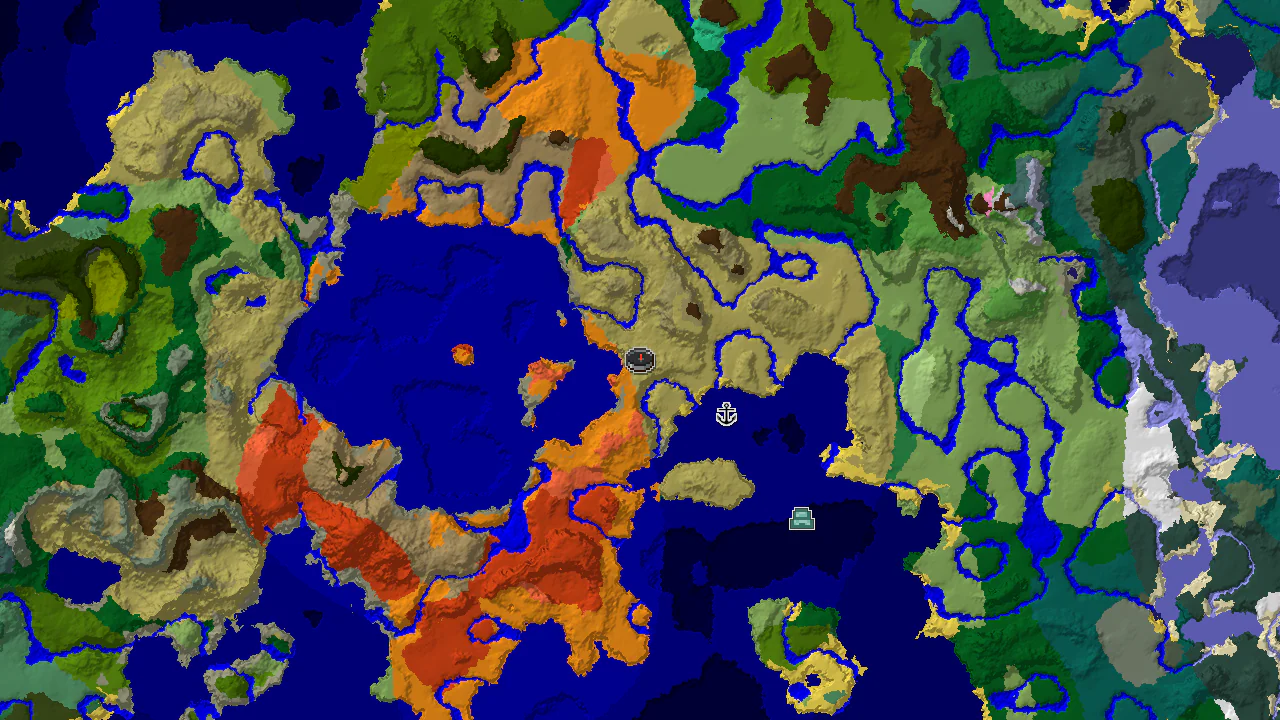 A 2D top-down biome map centered on spawn, showing savanna, desert, and warm ocean biomes, with markers for a shipwreck and an ocean monument.