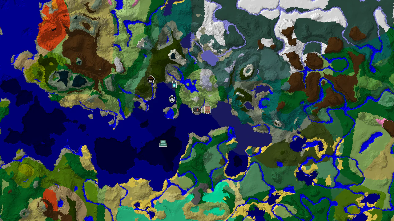 A 2D biome map centered on the spawn point, showing Plains, Ocean, and Stony Shore biomes, with markers for a village and an ancient city.