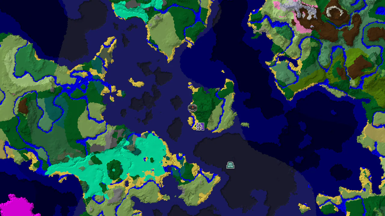 A 2D biome map centered on spawn, showing an island surrounded by cold ocean, with markers for a shipwreck and a ruined portal to the northeast.