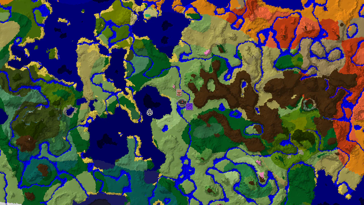 A 2D top-down biome map centered on spawn, showing plains, river, and ocean biomes, with markers for a village and a ruined portal.