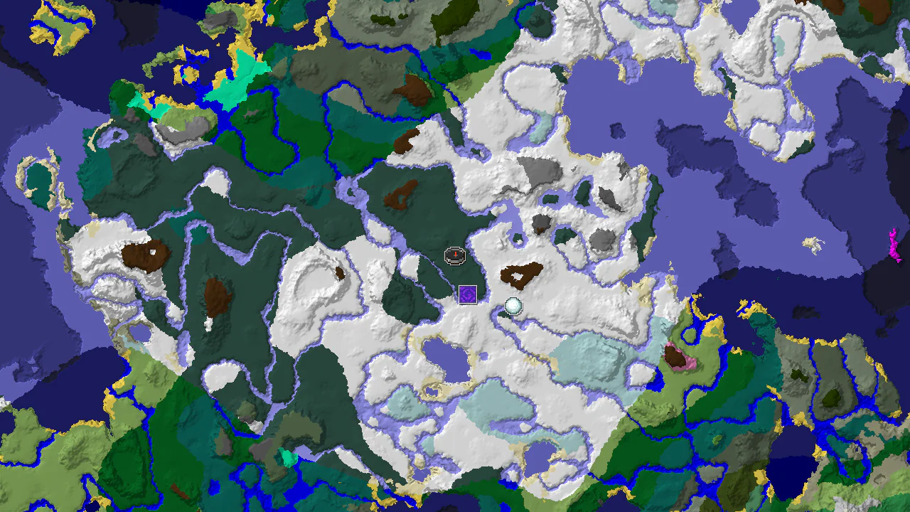 A 2D map showing a spawn marker in a large snowy biome, with a Ruined Portal icon to the northeast.