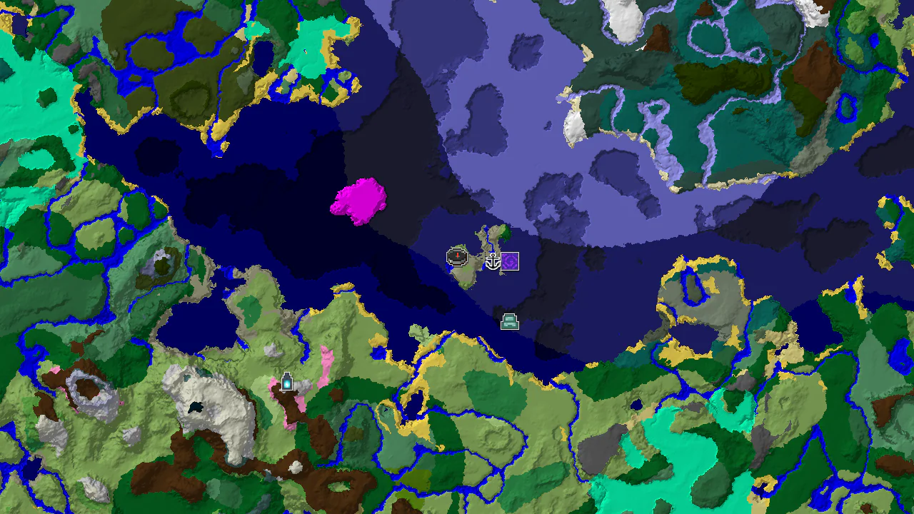 A 2D top-down biome map centered on the spawn point, showing Plains, River, and various Ocean biomes surrounding it, with markers for nearby structures.
