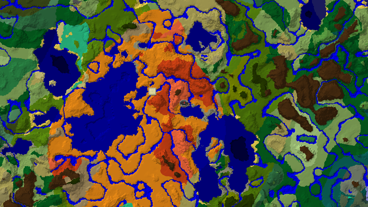 A top-down 2D biome map centered on spawn, showing a large Desert area, Warm Ocean, and distinct patches of Eroded Badlands and Badlands, with markers for spawn and a Desert Pyramid.