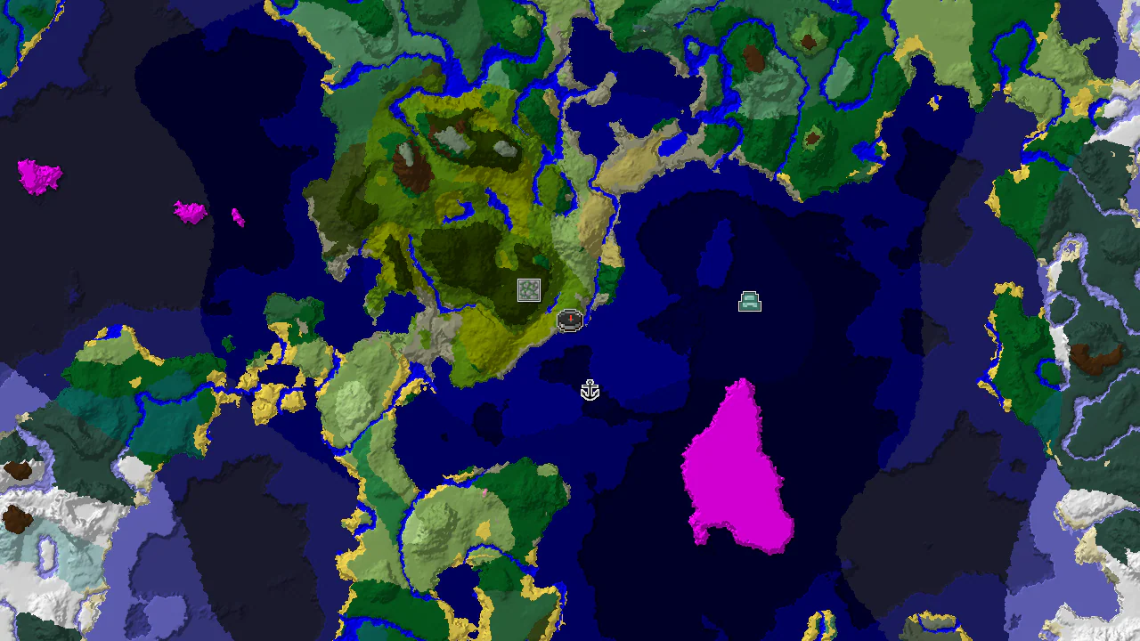 A top-down 2D biome map centered on spawn, showing jungle, ocean, and river biomes with markers for a Jungle Temple and Shipwreck.