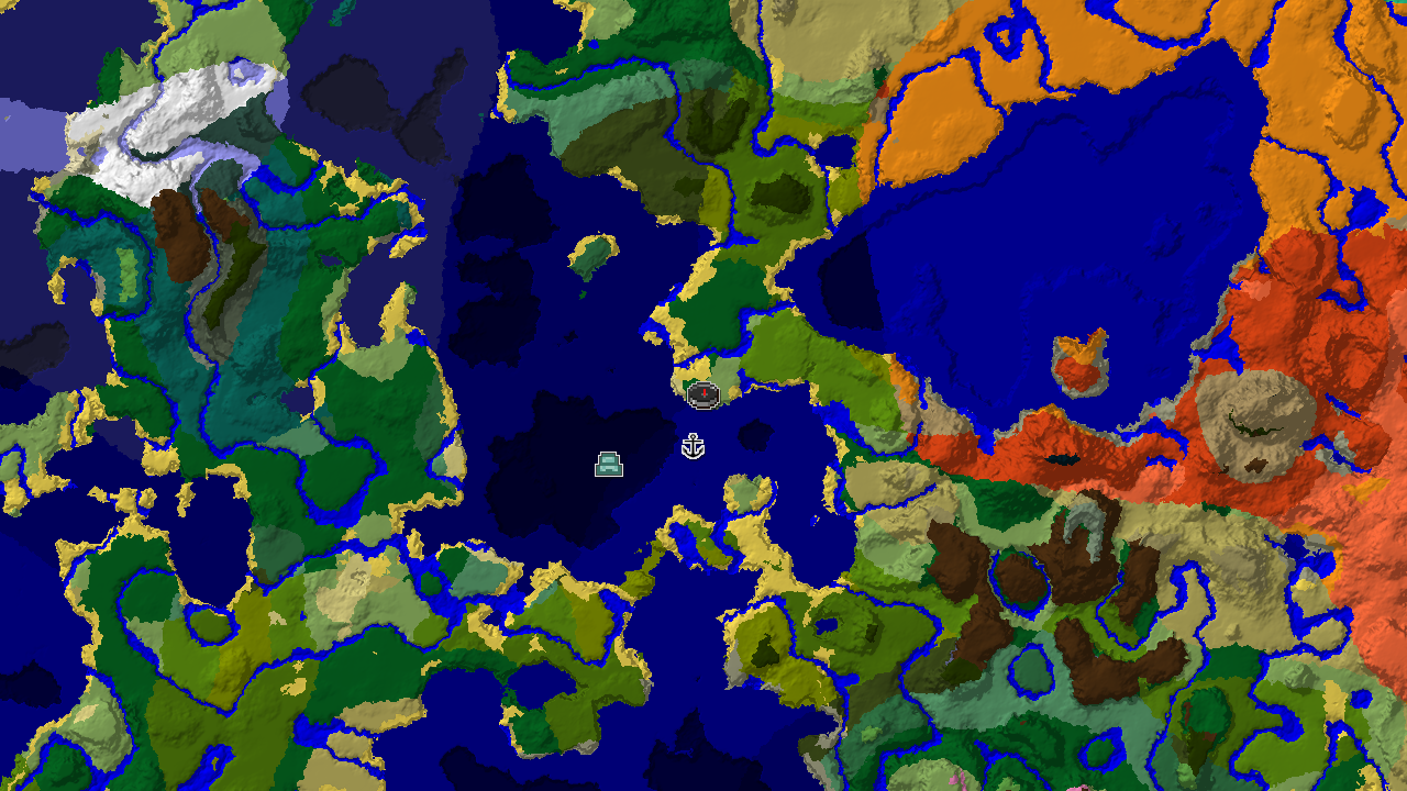 A 2D top-down biome map centered on the spawn point, showing nearby biomes and markers for structures like a shipwreck and ocean monument.
