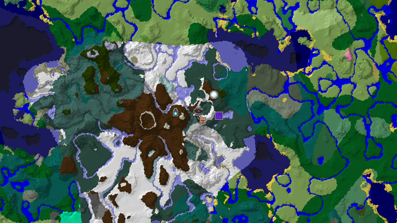 A top-down 2D biome map centered on spawn, showing snowy biomes, a village, a ruined portal, and an ancient city marked.