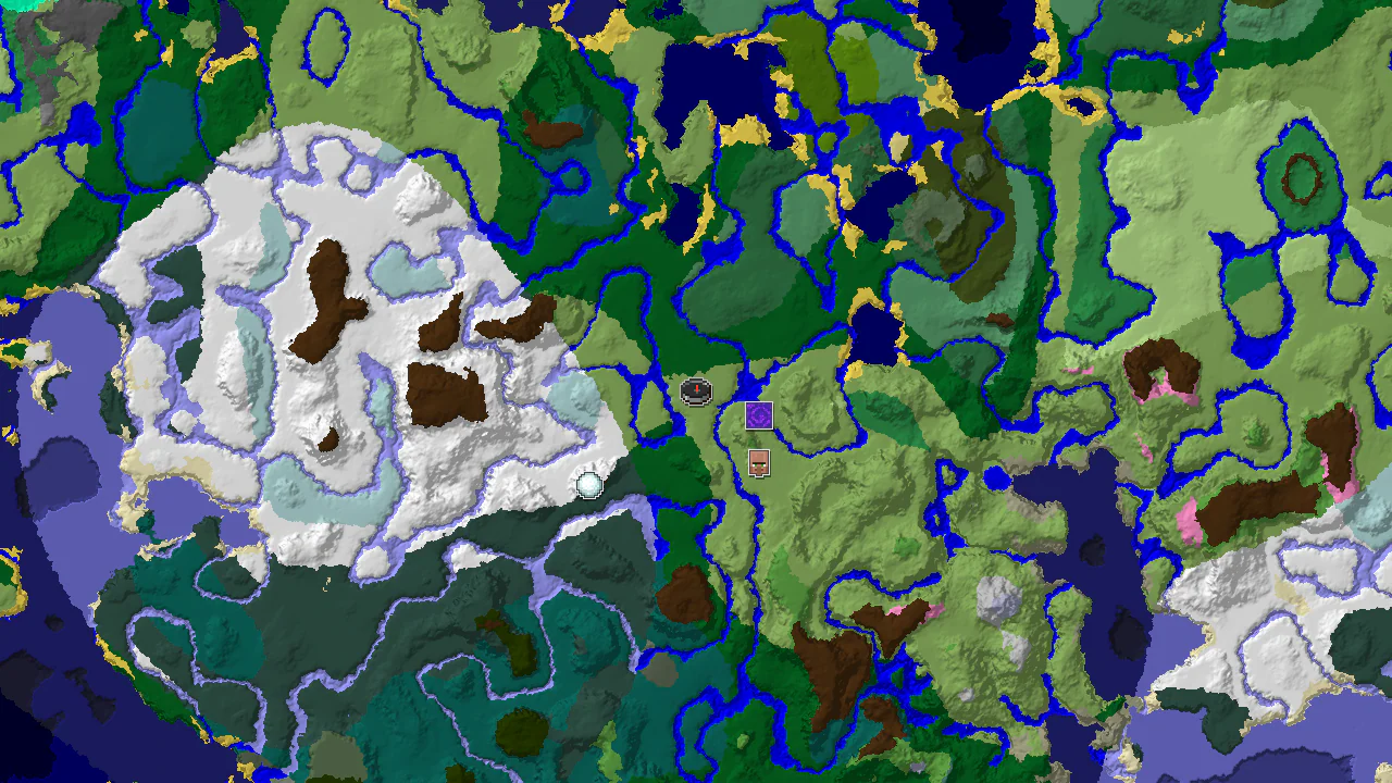 A 2D top-down biome map centered on the spawn point, showing nearby structures like a village, ruined portal, and igloo amidst plains, forest, and snowy biomes.