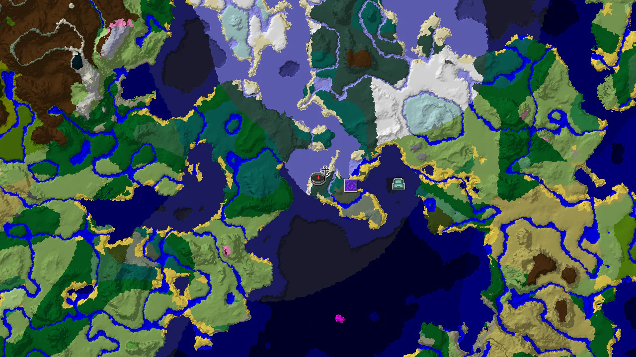 A 2D biome map centered on spawn, showing snowy biomes, ocean, and markers for a shipwreck and an ocean monument.