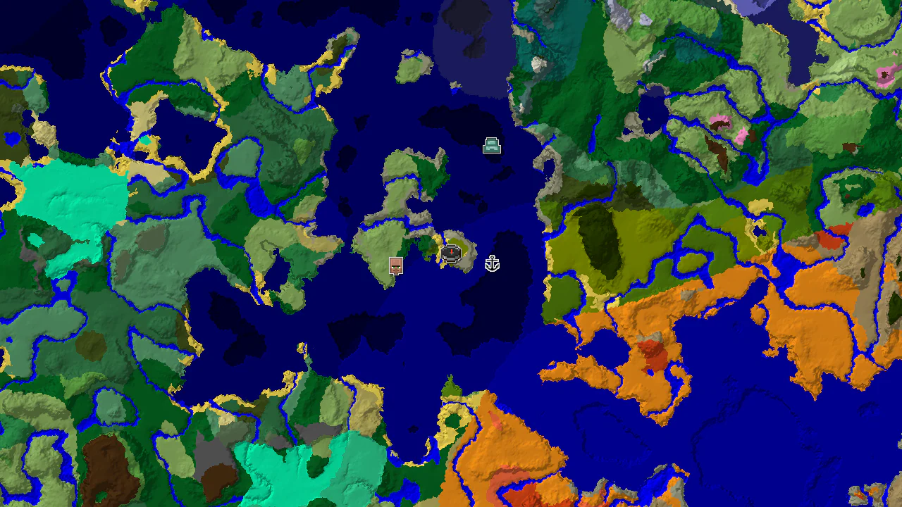 A 2D map centered on spawn, showing diverse biomes including jungle, ocean, and forest, with markers for a nearby shipwreck and village.