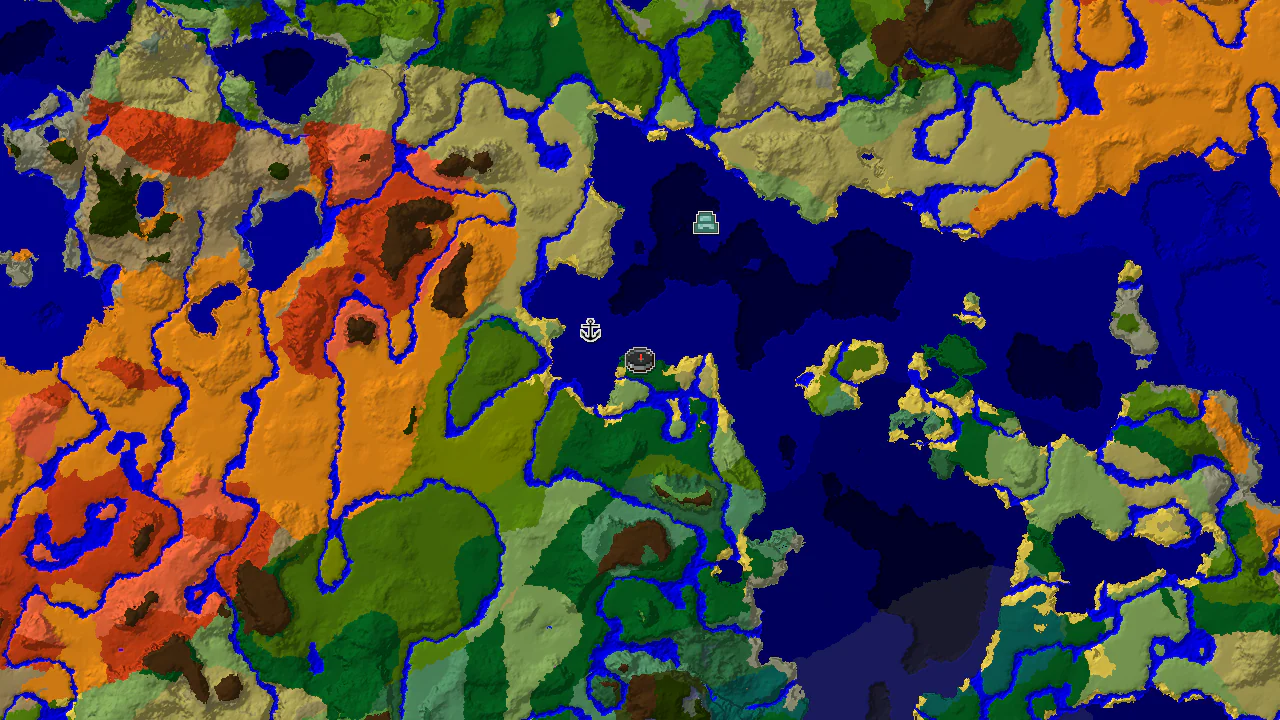 A 2D top-down biome map centered on the spawn point, showing nearby biomes and the locations of a shipwreck and ocean monument.
