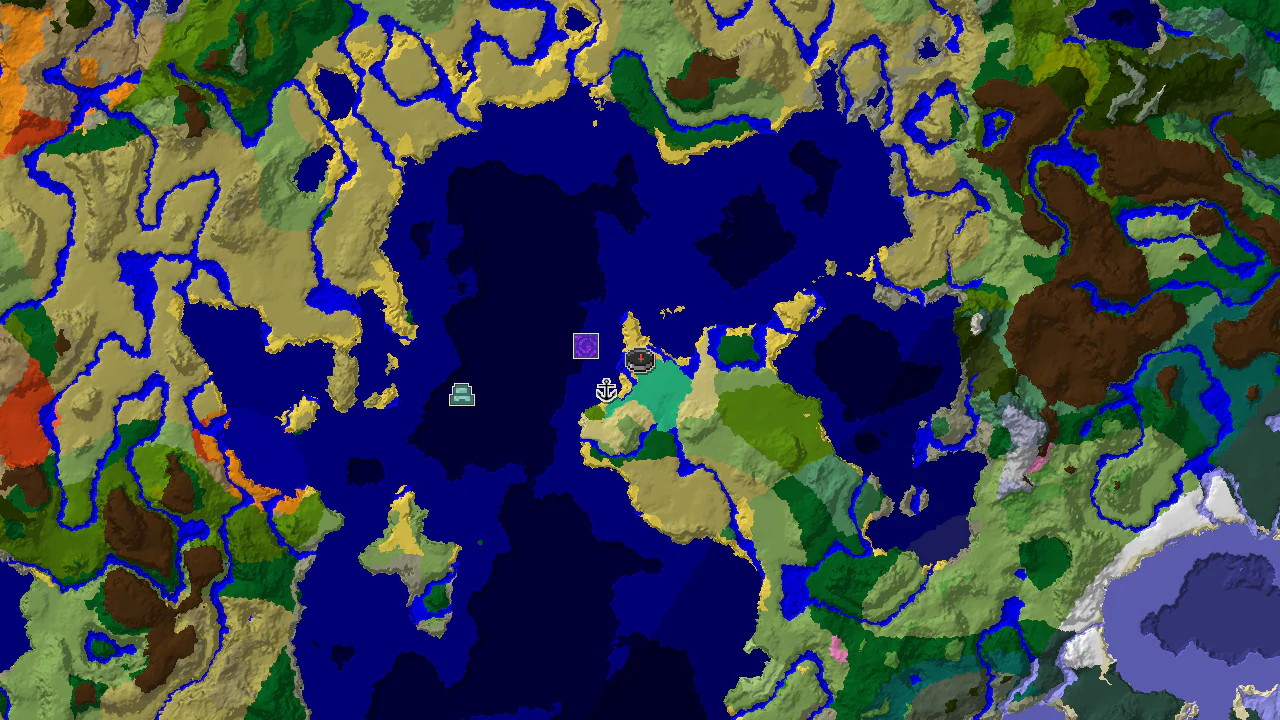 A 2D biome map centered on the Mangrove Swamp spawn point, showing nearby structures like a shipwreck and a ruined portal.