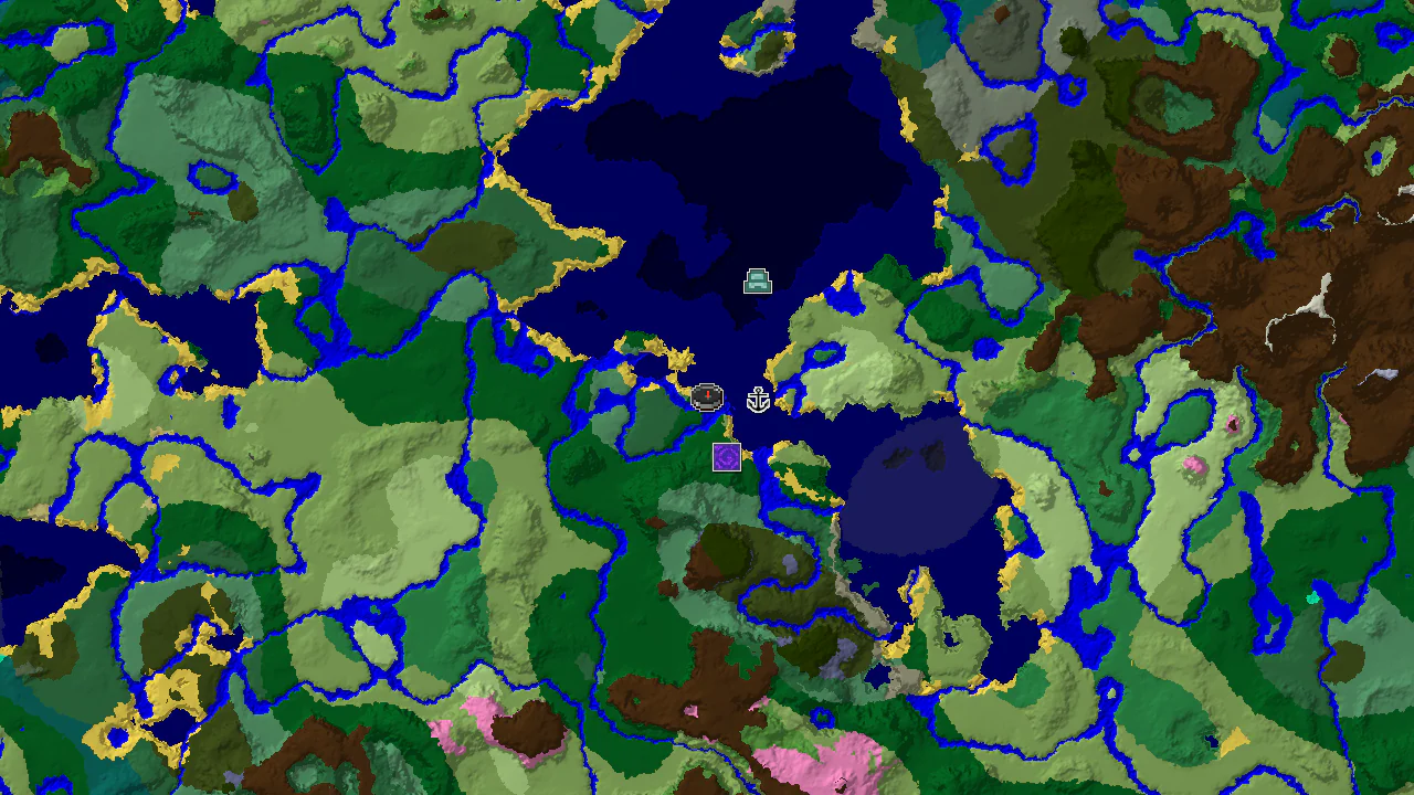 A top-down 2D map centered on the spawn point, showing forest, ocean, and river biomes, with markers for a Ruined Portal and Shipwreck.