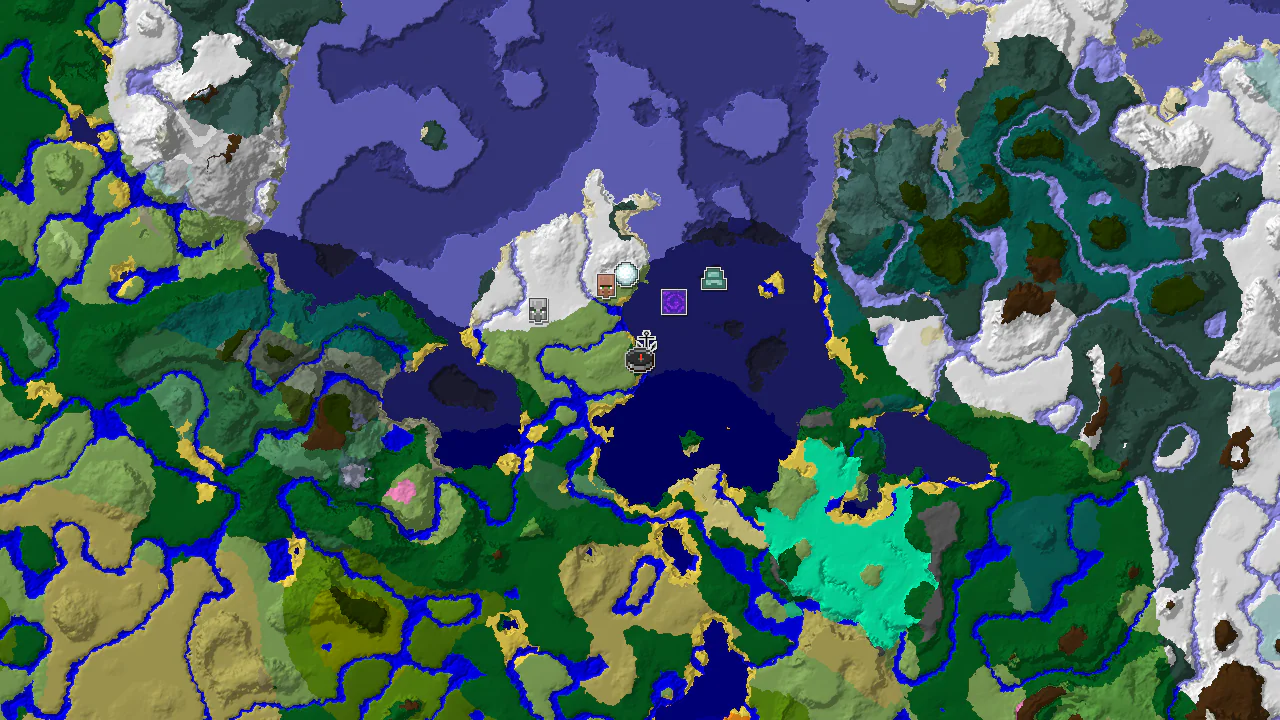A 2D map of seed -7162890997384311400 centered on spawn, showing a shipwreck marker very close and an ocean monument marker further southeast.