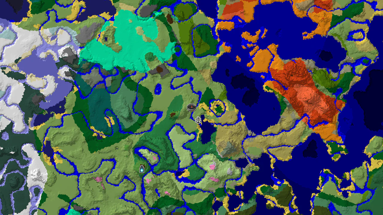 A 2D top-down biome map centered on the spawn point, showing Plains, River, and Flower Forest biomes, with a shipwreck marker to the southeast.