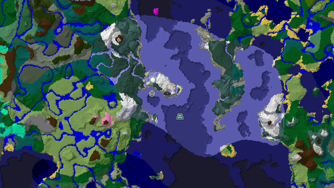 A top-down 2D biome map centered on the spawn point, marked with an icon, and showing nearby structure locations.