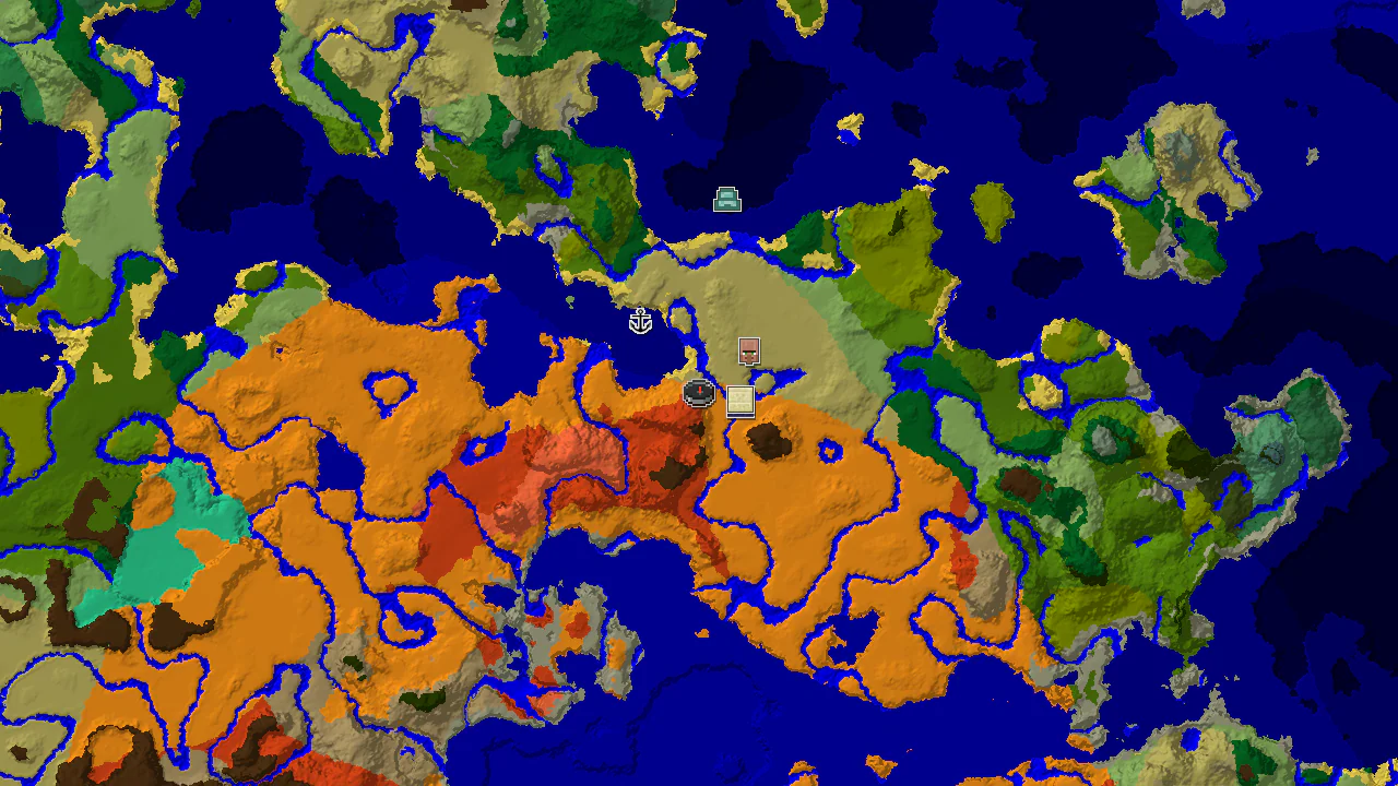 A 2D map centered on spawn, showing badlands and desert biomes, with markers for a village, ruined portal, and desert pyramid.