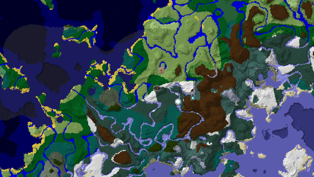A 2D biome map centered on spawn, showing a snowy taiga surrounded by other cold biomes and markers for nearby structures.
