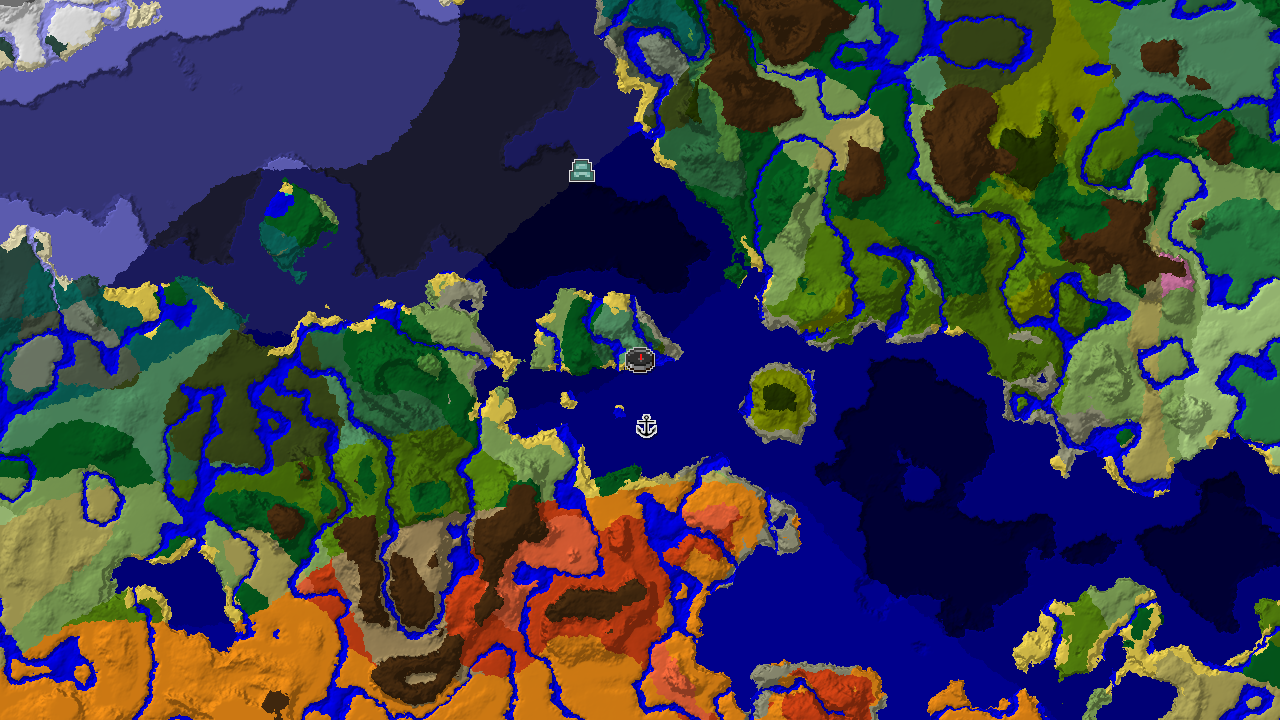 A top-down 2D biome map centered on spawn, showing Old Growth Birch Forest, River, and Lukewarm Ocean with markers for spawn, a shipwreck, and an ocean monument.