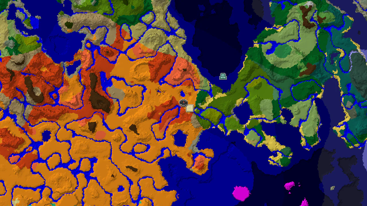 A top-down 2D biome map centered on spawn, showing Desert, Badlands, and Warm Ocean, with markers for a Desert Pyramid and Ocean Monument.