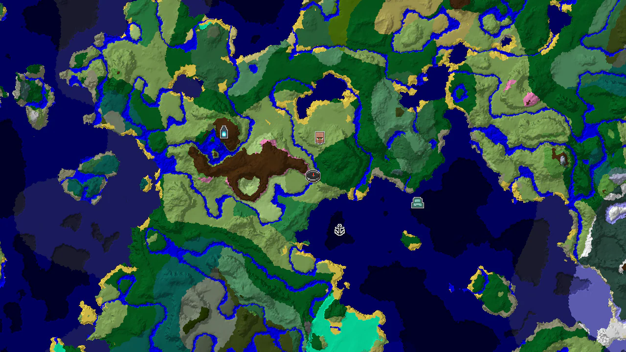 A top-down 2D biome map centered on the spawn point, with markers for a nearby village and a cherry grove.