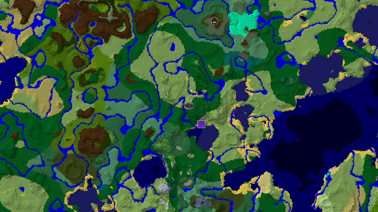 A top-down 2D biome map centered on spawn, showing forest, plains, and river biomes, with markers for a Ruined Portal and Woodland Mansion.