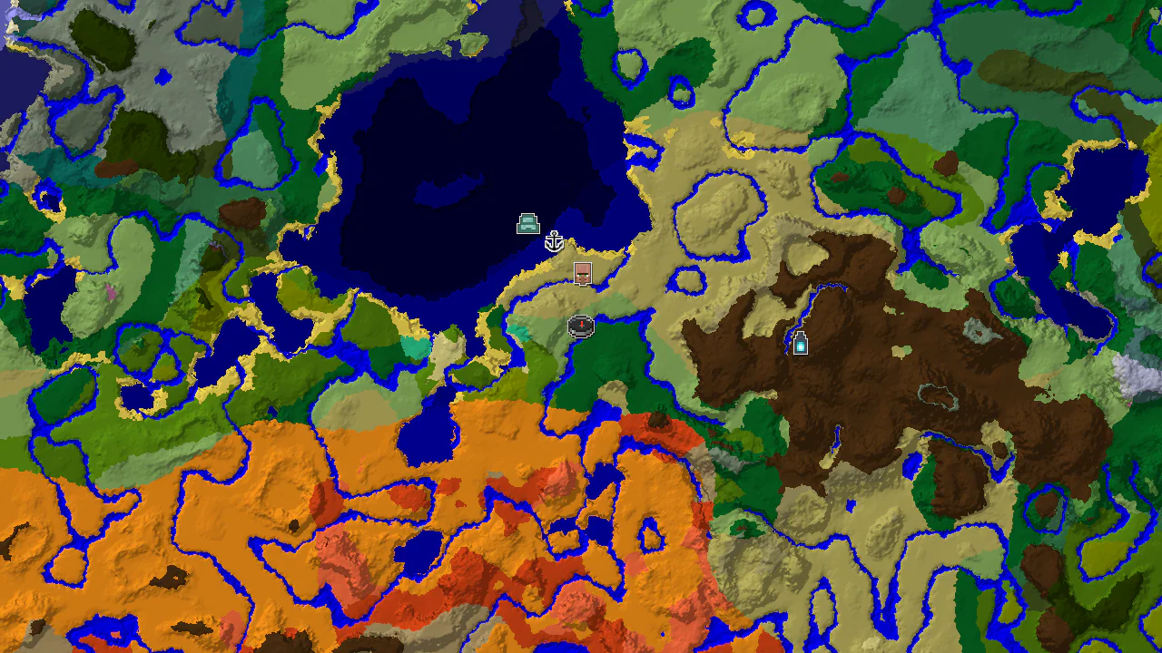 A 2D biome map centered on spawn, showing Plains, Savanna, and Desert biomes, with markers for a village and an ancient city.