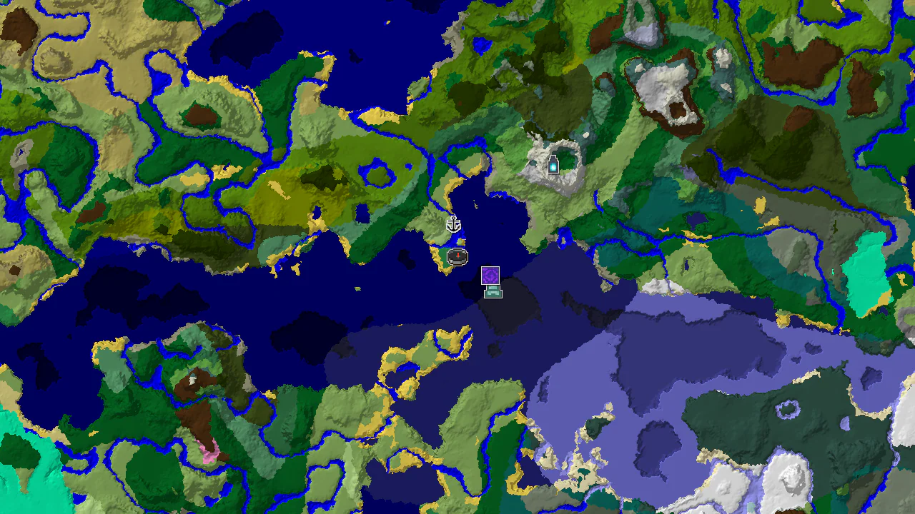 A 2D biome map centered on the spawn point, with markers for nearby structures like a shipwreck and a ruined portal.