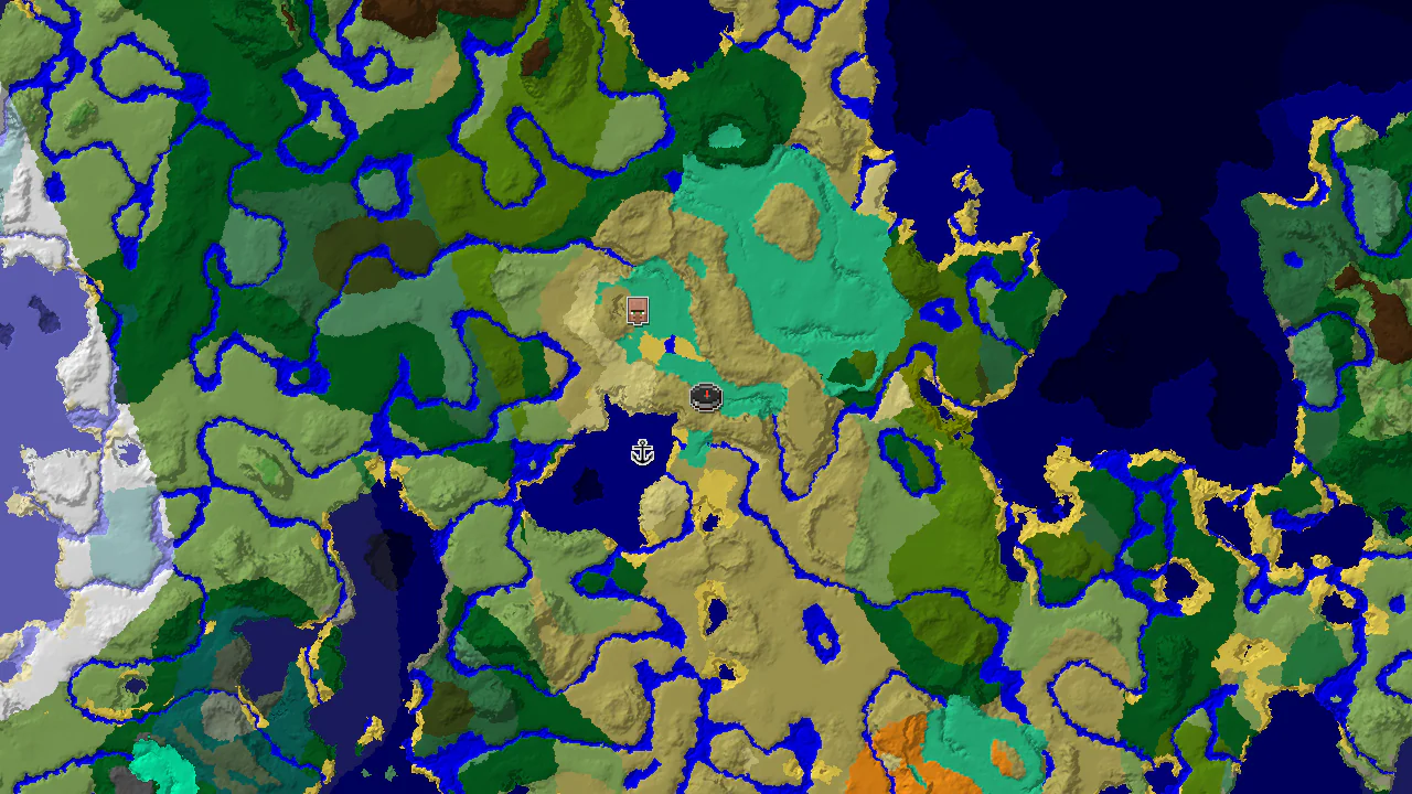 A 2D top-down biome map centered on the spawn point, highlighting a Mangrove Swamp with nearby Savanna and Lukewarm Ocean, and markers for a shipwreck and a village.