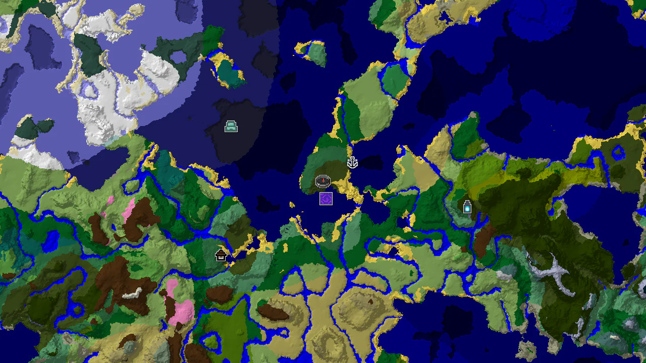 A top-down 2D biome map centered on spawn, showing a Dark Forest at spawn and markers for a nearby ruined portal and a more distant woodland mansion.