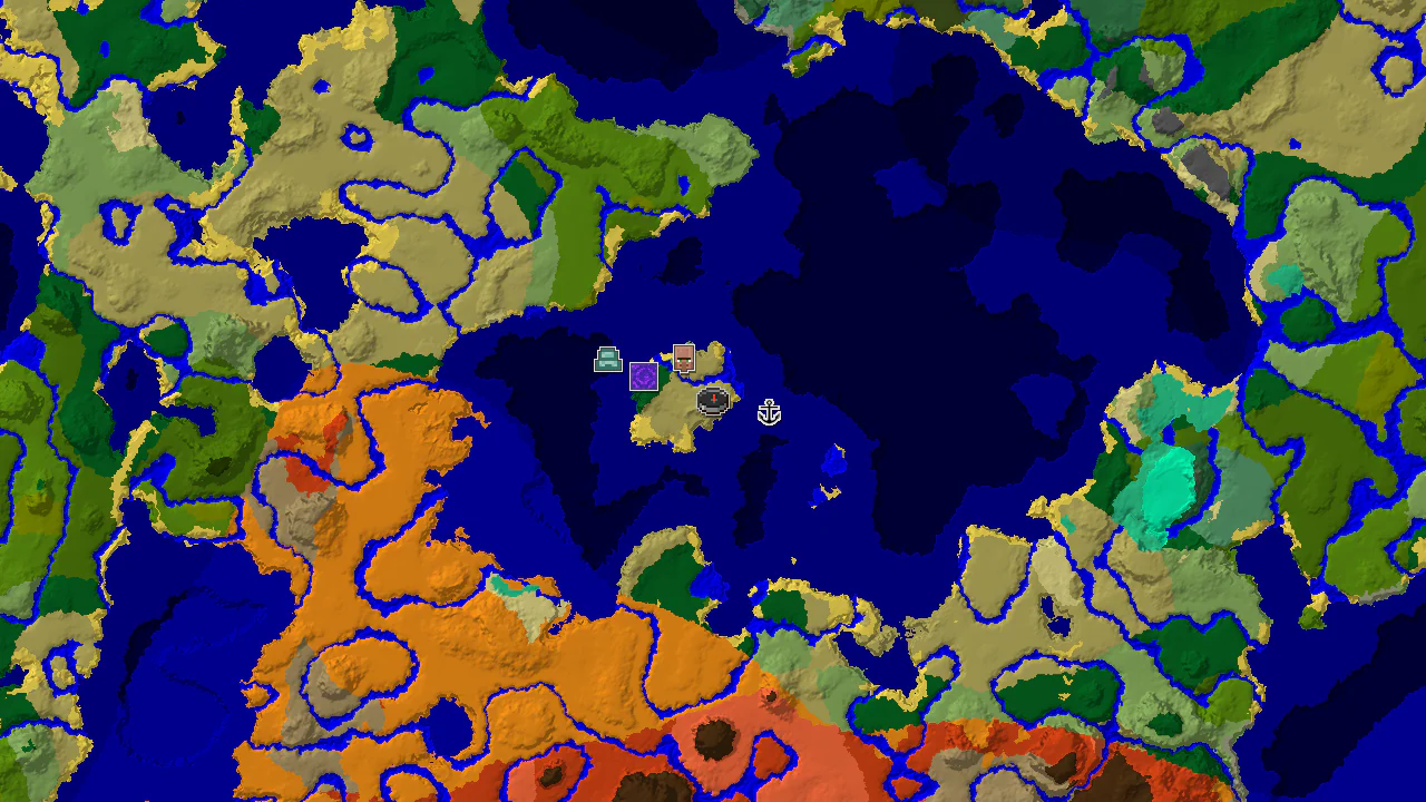 A top-down 2D biome map centered on spawn, showing a small island surrounded by ocean, with markers for a nearby village and shipwreck.
