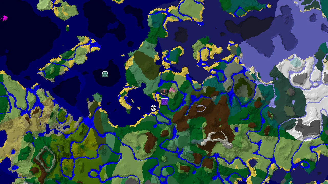 A 2D top-down biome map centered on the spawn point, showing Forest, River, Plains, and various other biomes, with markers for a nearby Ruined Portal and Shipwreck.