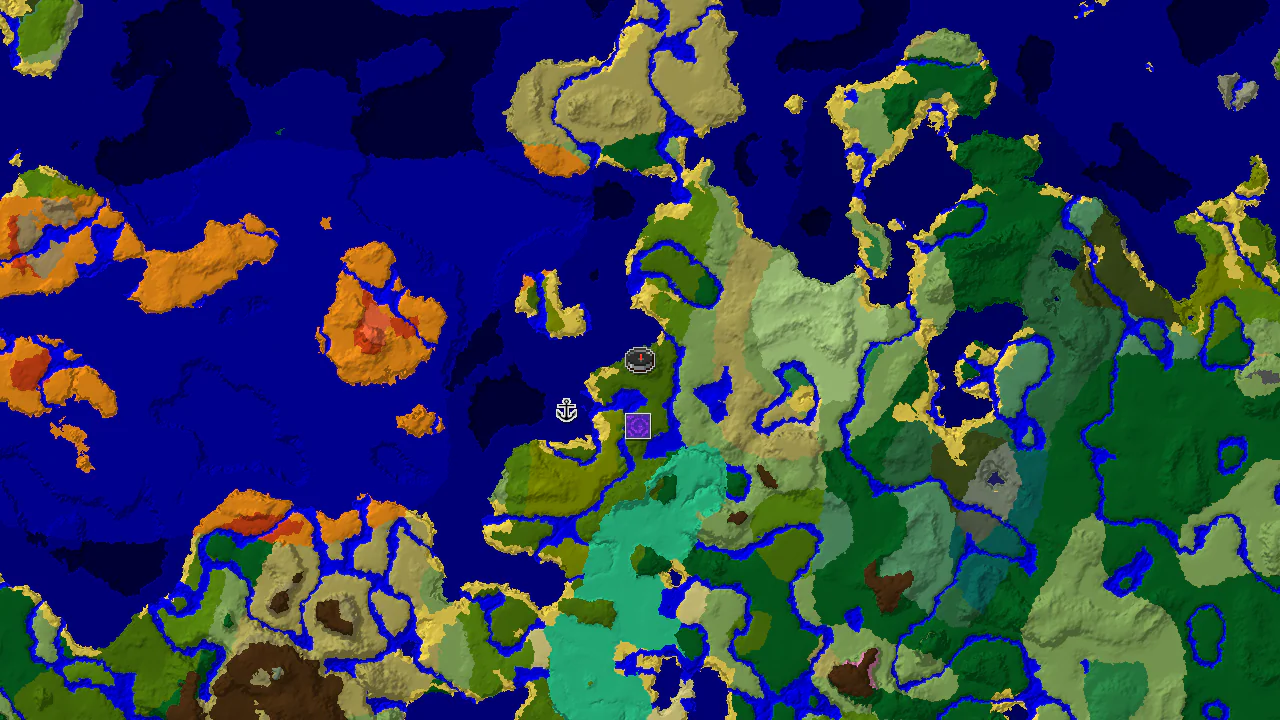 A 2D biome map centered on the spawn point, showing jungle, ocean, and river biomes, with markers for a ruined portal and shipwreck.