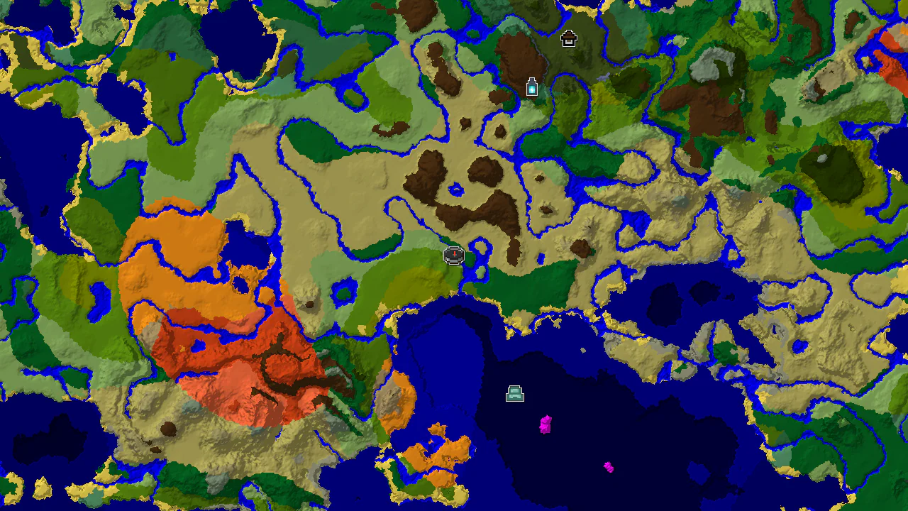 A 2D biome map centered on spawn, showing various biomes and markers for structures like an Ocean Monument and Ancient City.